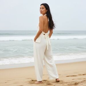 NWOT Linen Blend Vest and Wide Leg Pants Set, Cream White Size L Resort Vacation